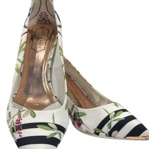 Ted Baker Women's Floral Striped Heels - White and Black. Previously worn.